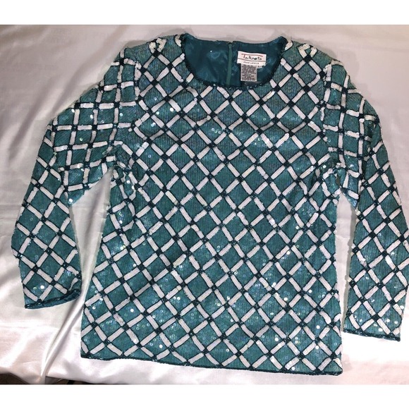 Talbots Joan Leslie 100% Silk Geometric Sequin Green White Top Size L NWOT - Picture 1 of 11
